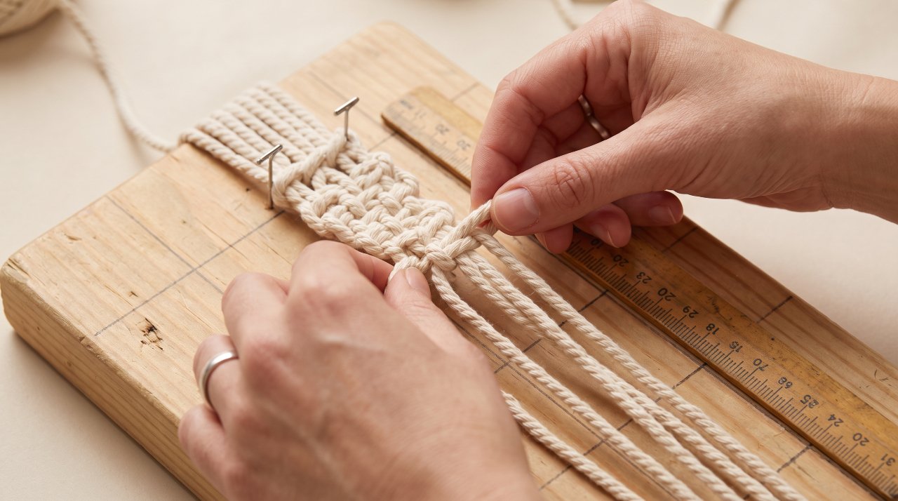 Close-up of hands tying square knots in a macrame curtain showing even pattern rows