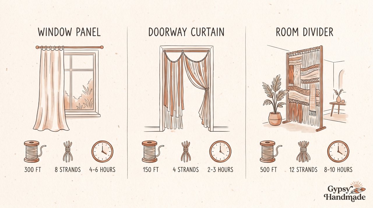 Infographic showing macrame curtain cord calculations for window doorway and room divider