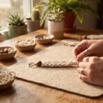 Crafter hands finishing a natural cotton macramé keychain on a rustic wooden tabletop with warm window sunlight.