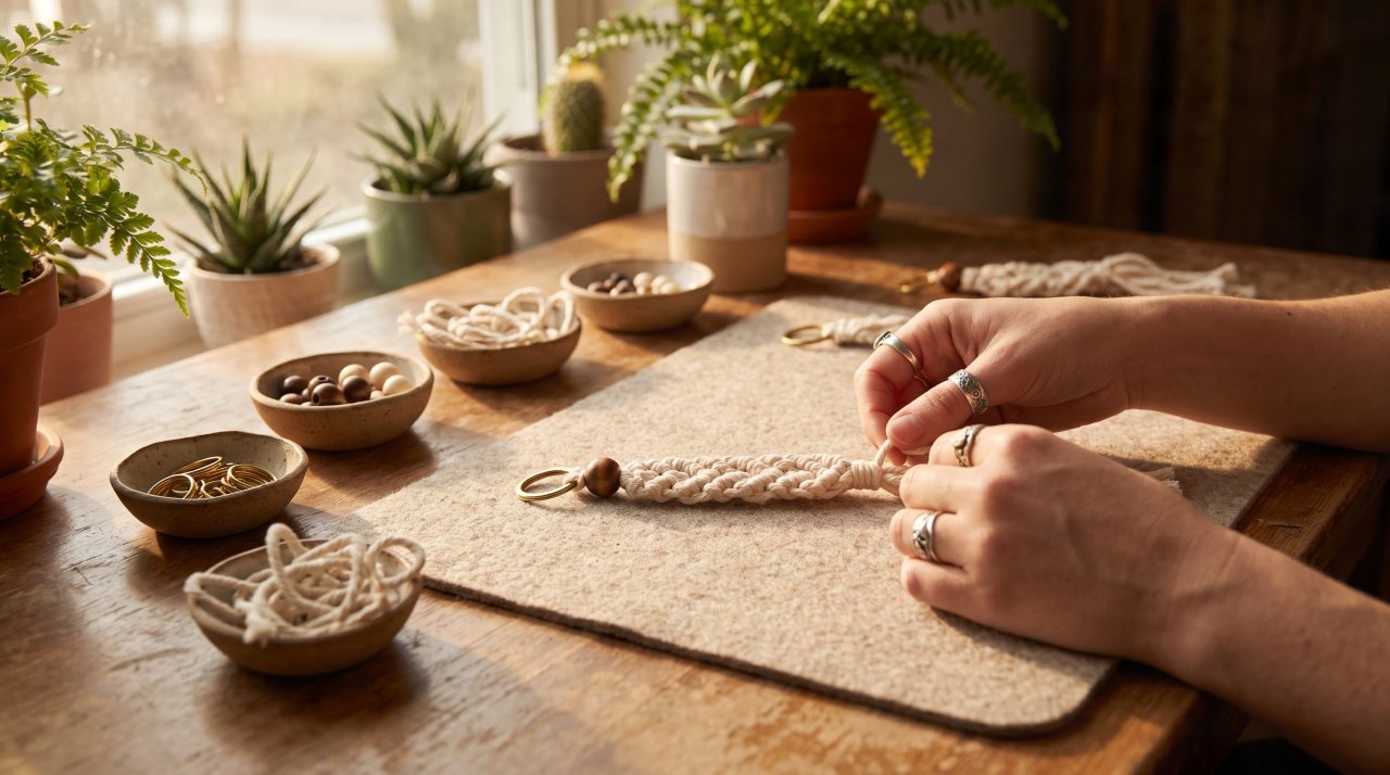 Crafter hands finishing a natural cotton macramé keychain on a rustic wooden tabletop with warm window sunlight.