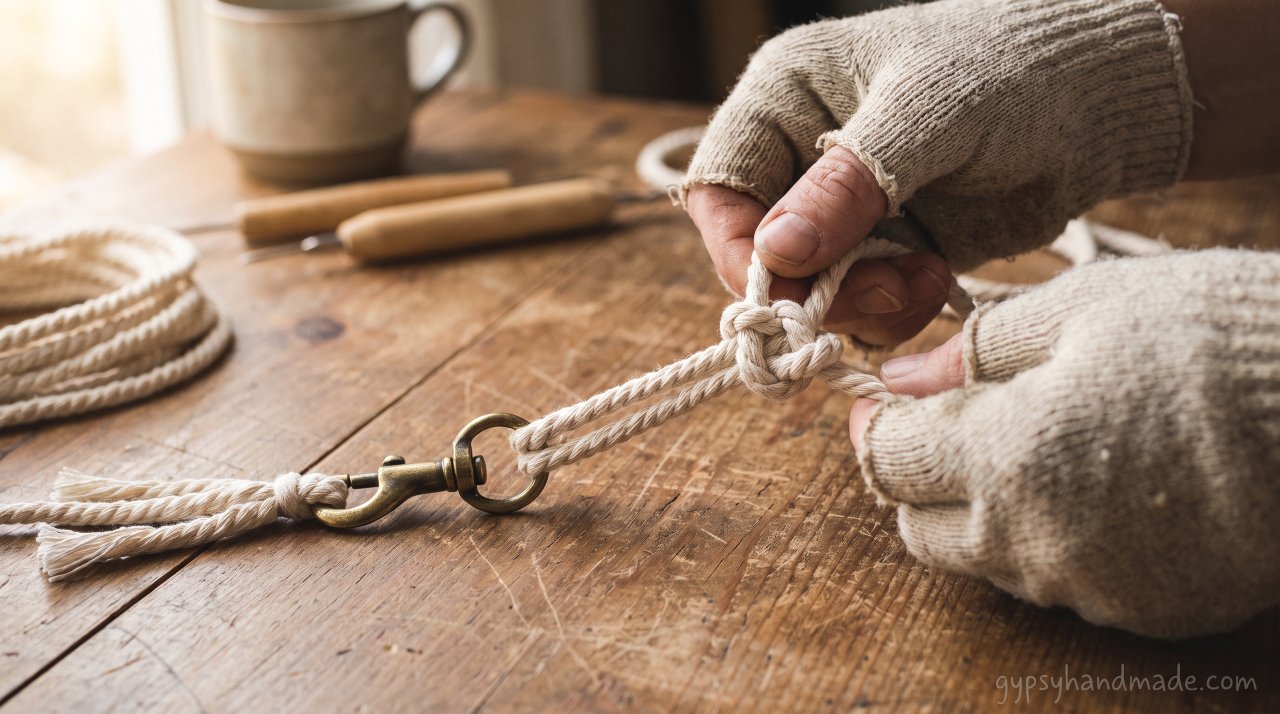 Close up of hands tying a square knot with natural cotton cord to craft a macramé keychain.