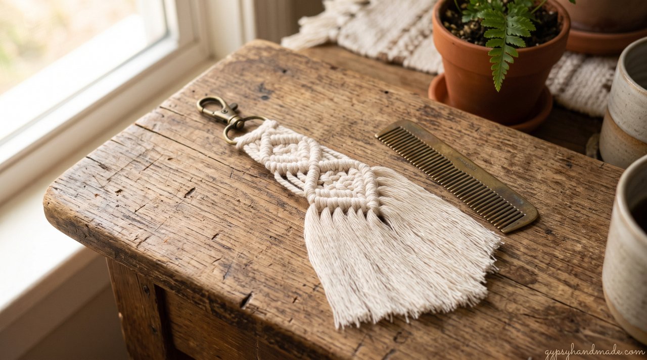 Finished natural cotton macramé keychain with a neatly brushed tassel fringe on a rustic wooden surface.