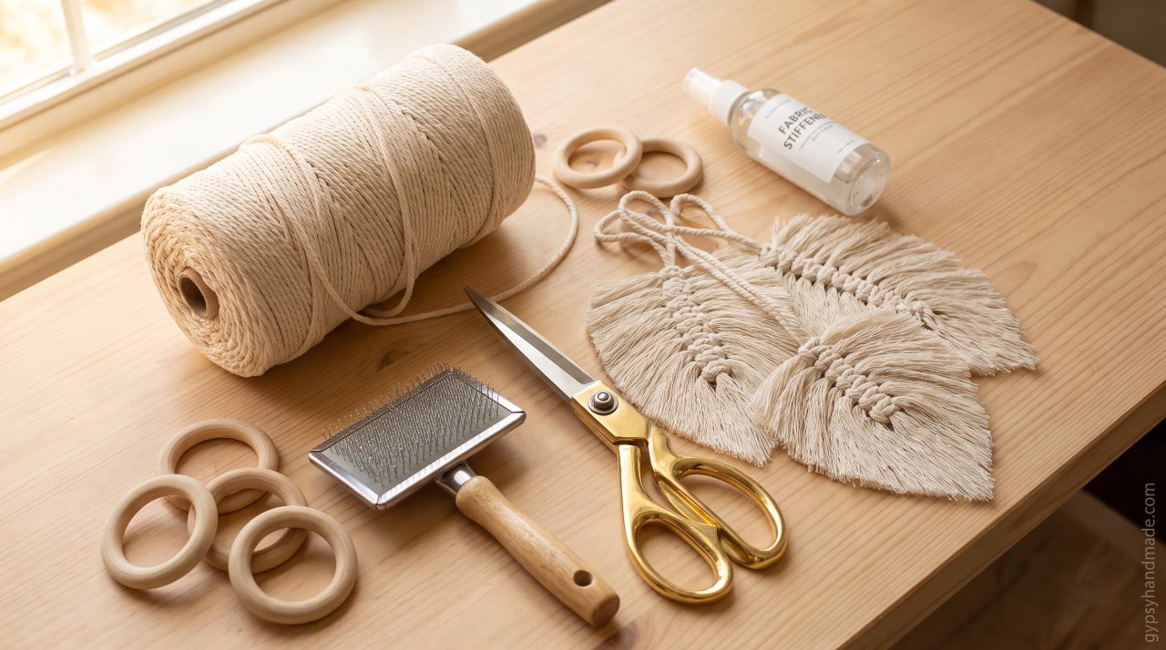 Craft materials flat lay including cotton cord, scissors, wire brush, and stiffener for macrame leaves tutorial.