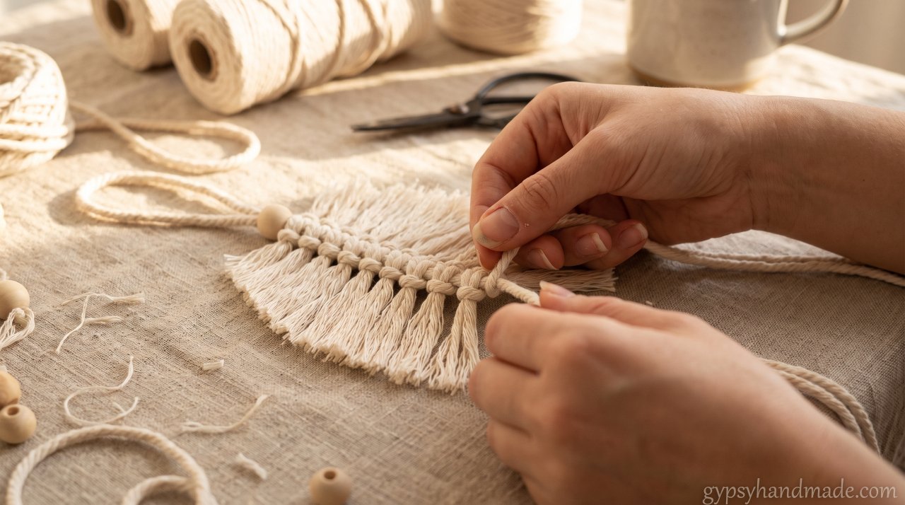 Close up view of hands tying reverse larks head knots on central cord for macrame leaves.