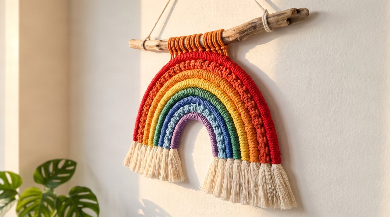 Colourful macrame rainbow wall hanging displayed on a white painted wall