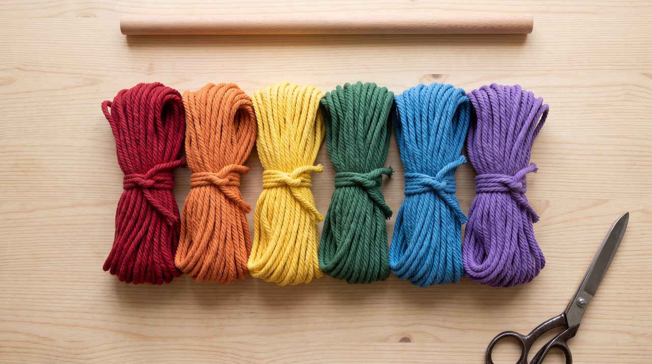 Coloured macrame cord bundles arranged by rainbow colour on a wooden table