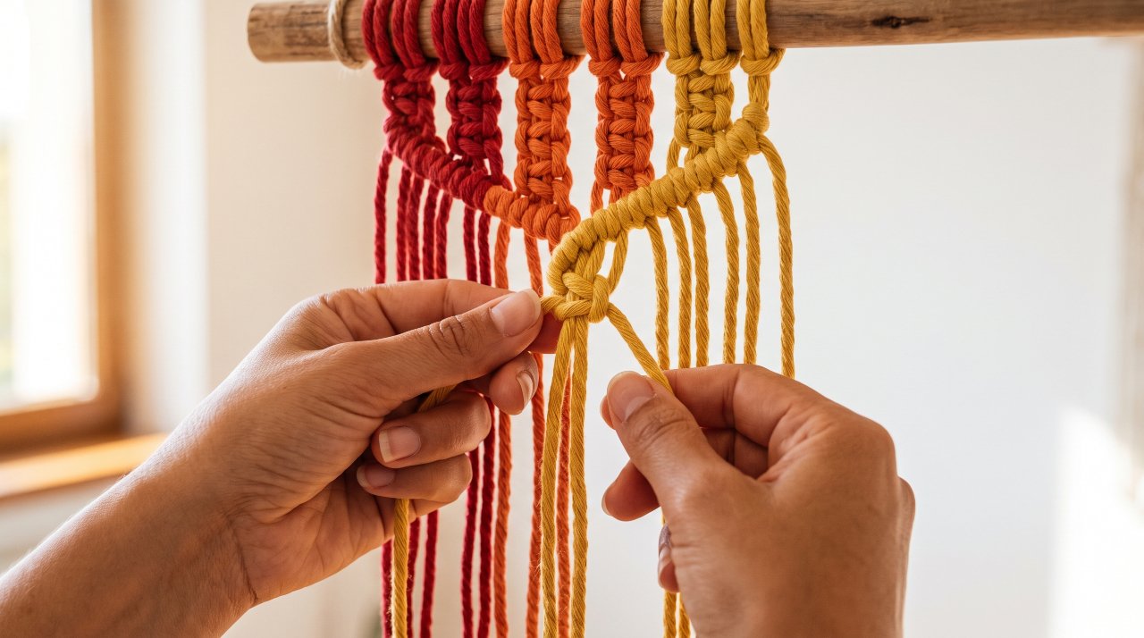 Hands tying a square knot on a macrame rainbow wall hanging in progress