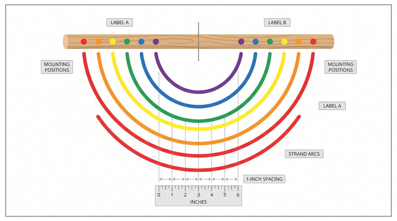 Diagram showing cord mounting positions for a symmetrical macrame rainbow wall hanging
