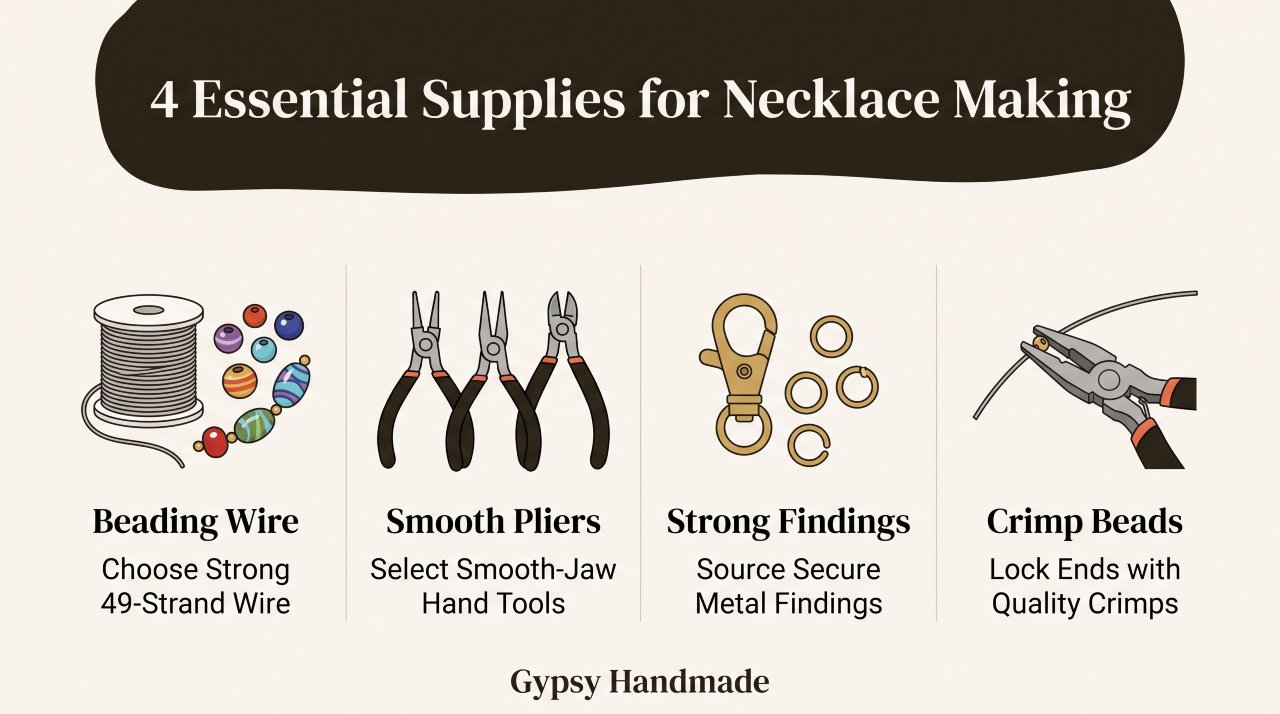 Styled flat-lay of essential supplies for necklace making.