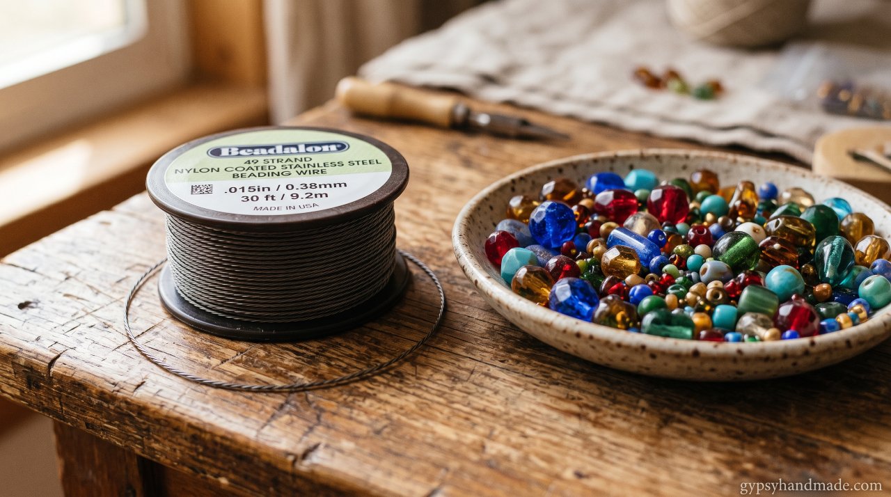 Close-up of 49-strand nylon-coated beading wire spool, an essential supply for necklace making.