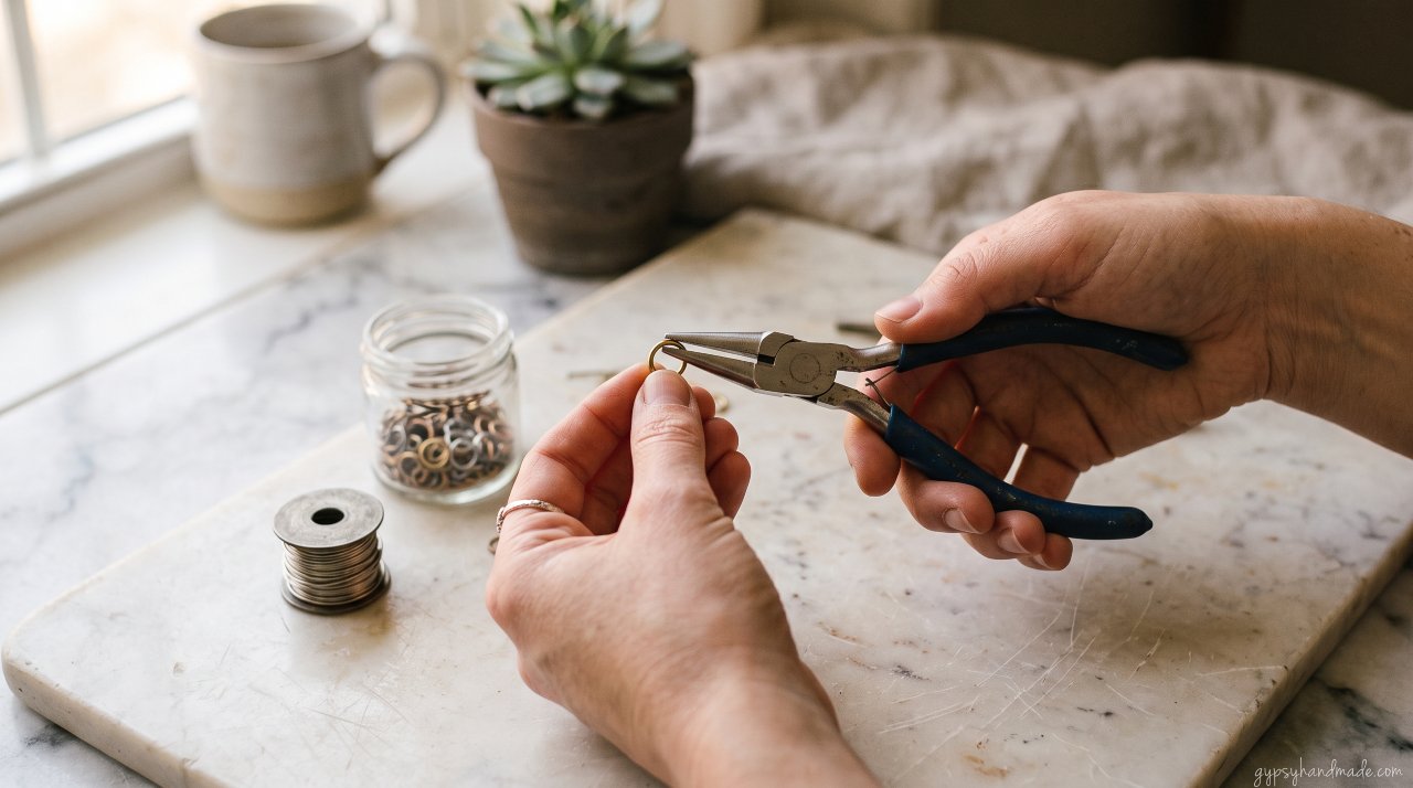 Hand holding chain nose pliers to work with metal findings, showcasing essential supplies for necklace making.