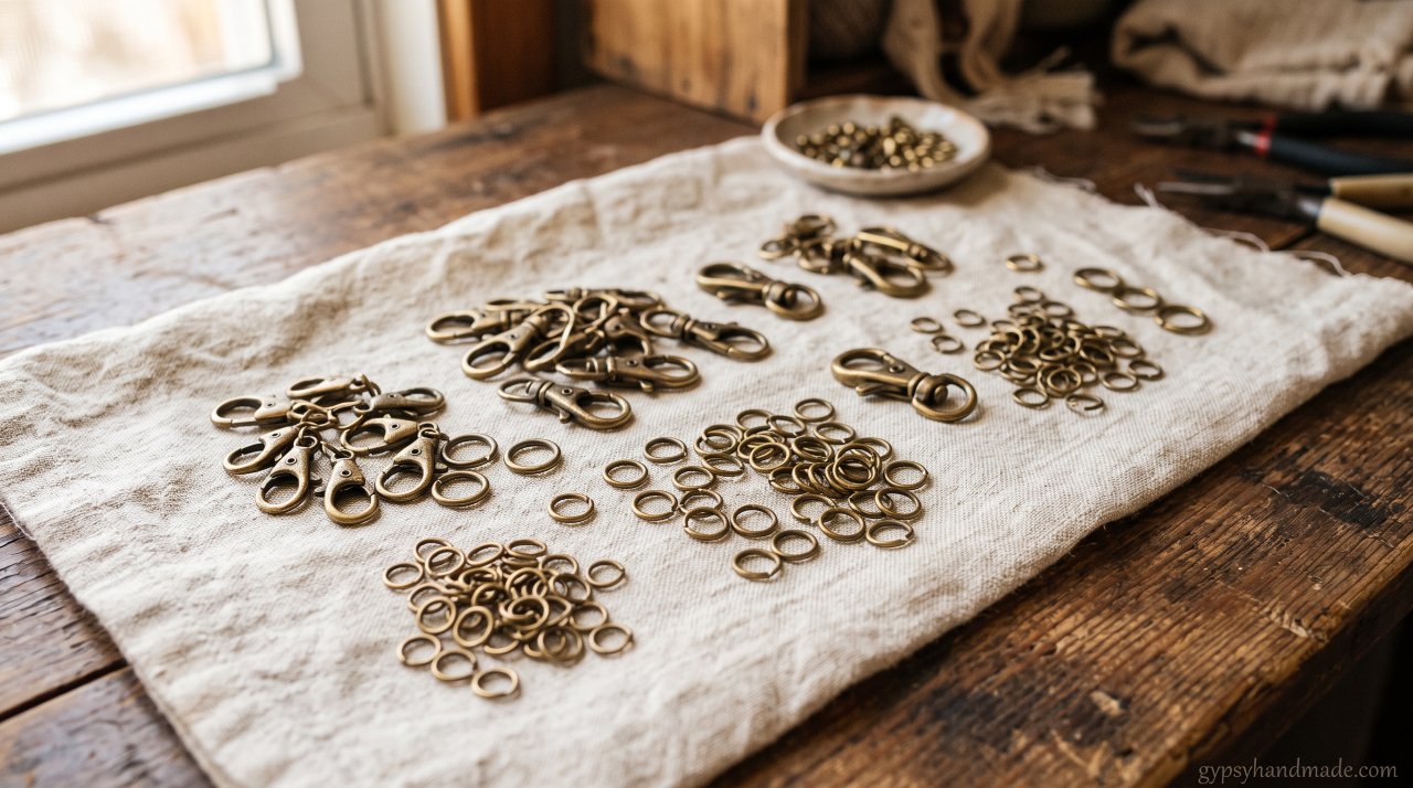 Collection of brass jump rings and lobster claw clasps, key findings and supplies for necklace making.