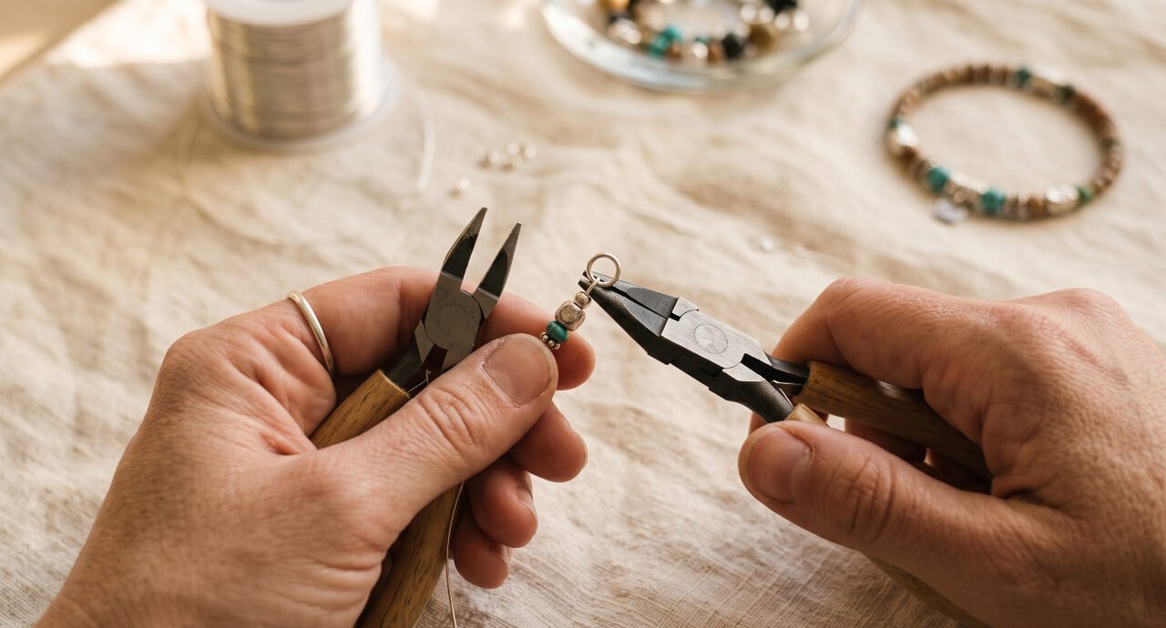 Close-up of crimping pliers securing a silver crimp bead, illustrating critical supplies for necklace making.