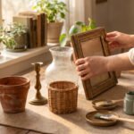 A collection of thrift store finds on a rustic table including a wooden frame, glass vase, wicker basket, and terracotta pot ready for home decor transformations.