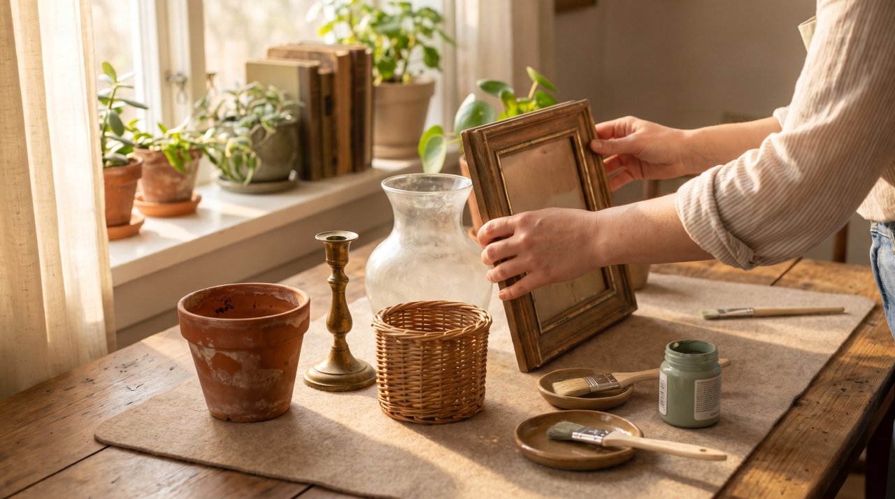 A collection of thrift store finds on a rustic table including a wooden frame, glass vase, wicker basket, and terracotta pot ready for home decor transformations.