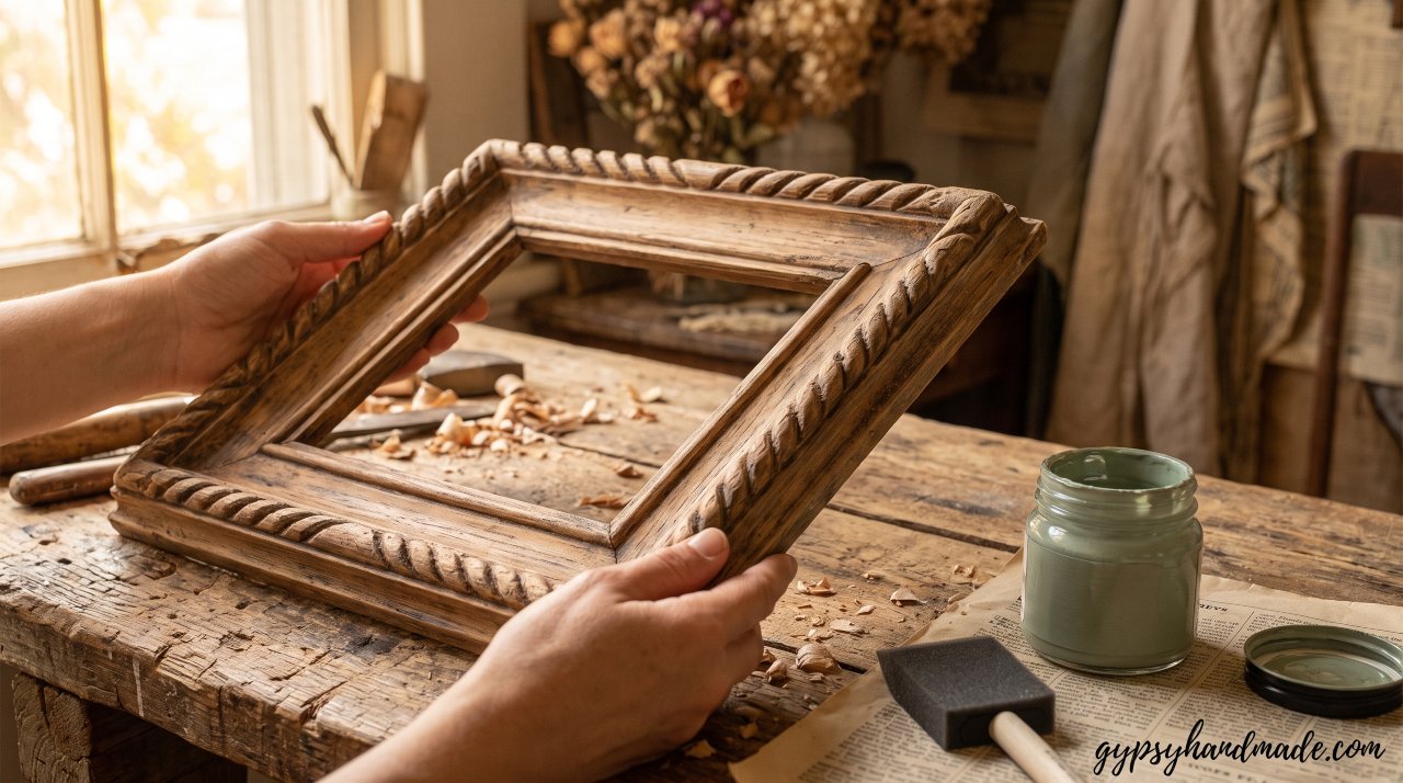 A vintage wooden picture frame with rope-style molding resting on a rustic table next to chalk paint, ready to become thrift store home decor.