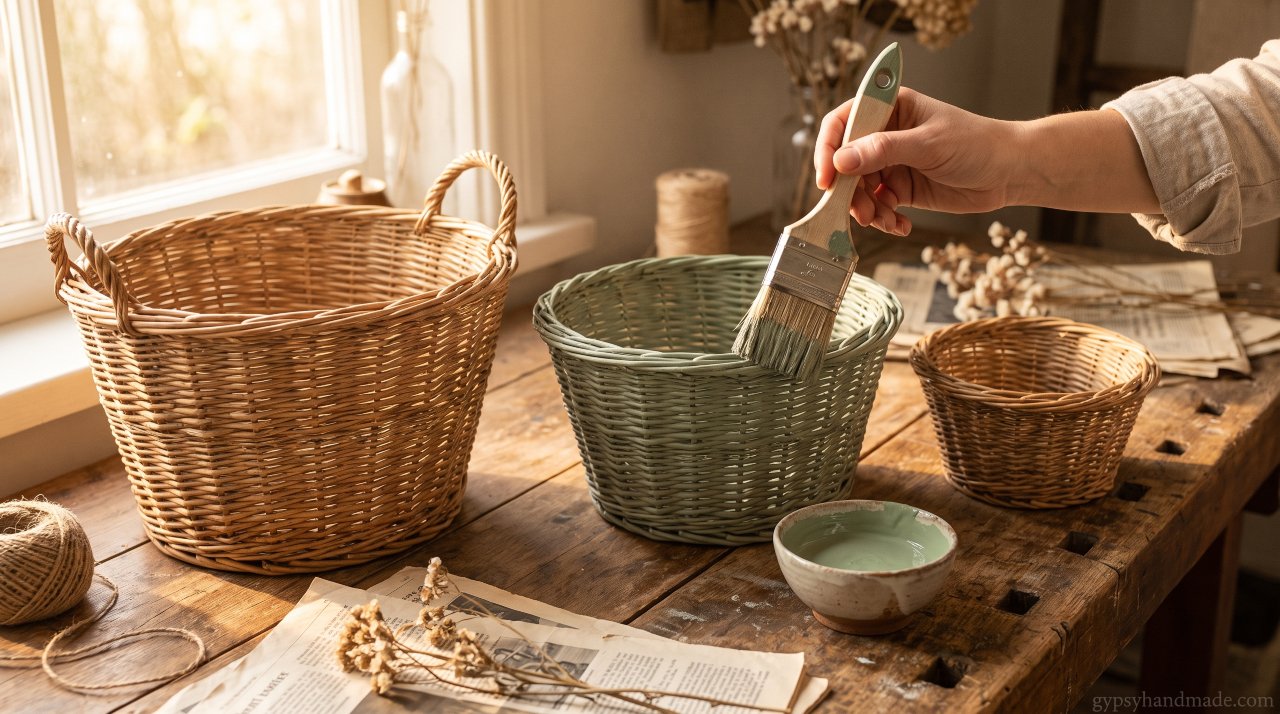 Three wicker baskets on a rustic table, one being painted sage green with chalk paint for a home decor transformation.