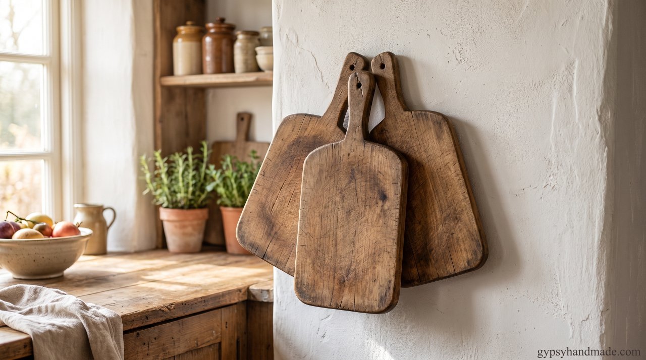 Three vintage wooden cutting boards arranged as wall decor in a fan pattern, a simple thrift store home decor transformation.