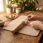What is macramé beginner guide showing hands tying lark's head knot with cotton cord on wooden dowel