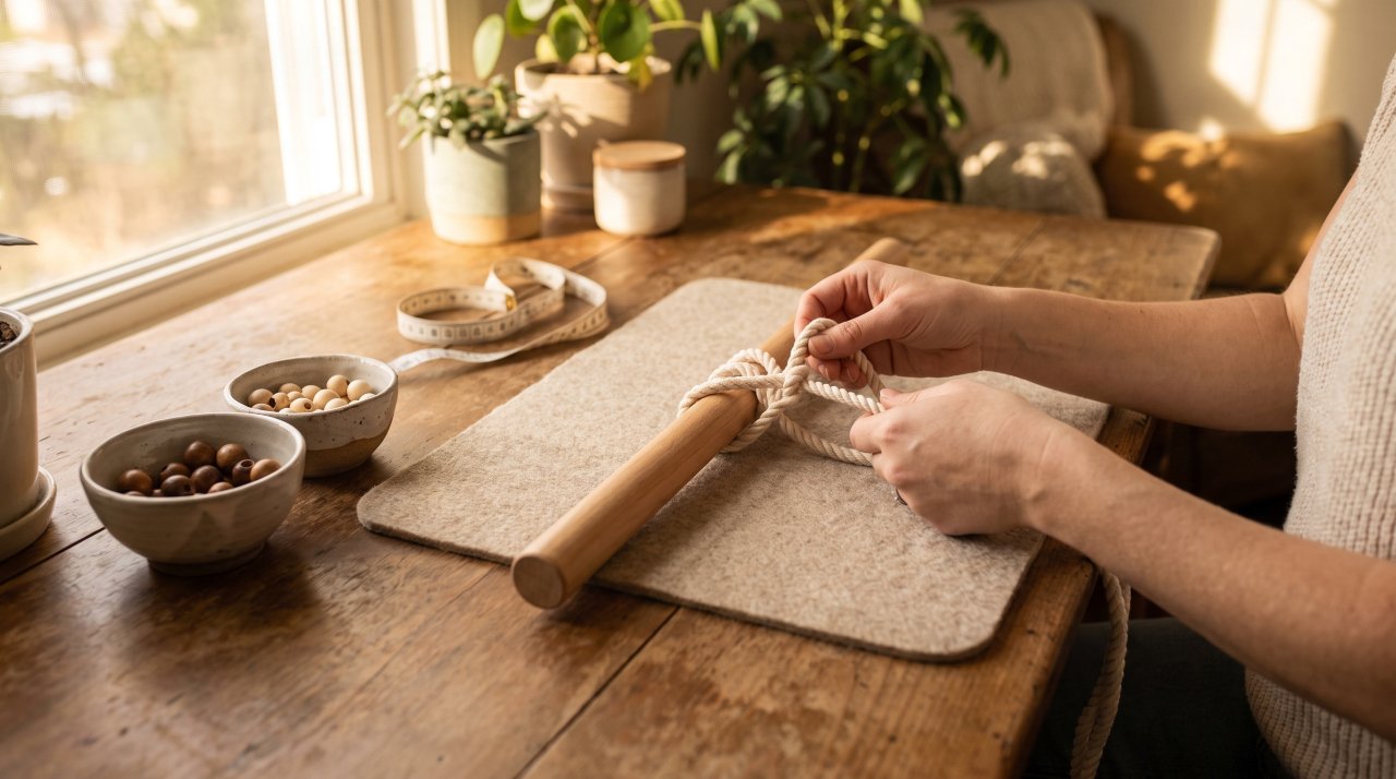 What is macramé beginner guide showing hands tying lark's head knot with cotton cord on wooden dowel