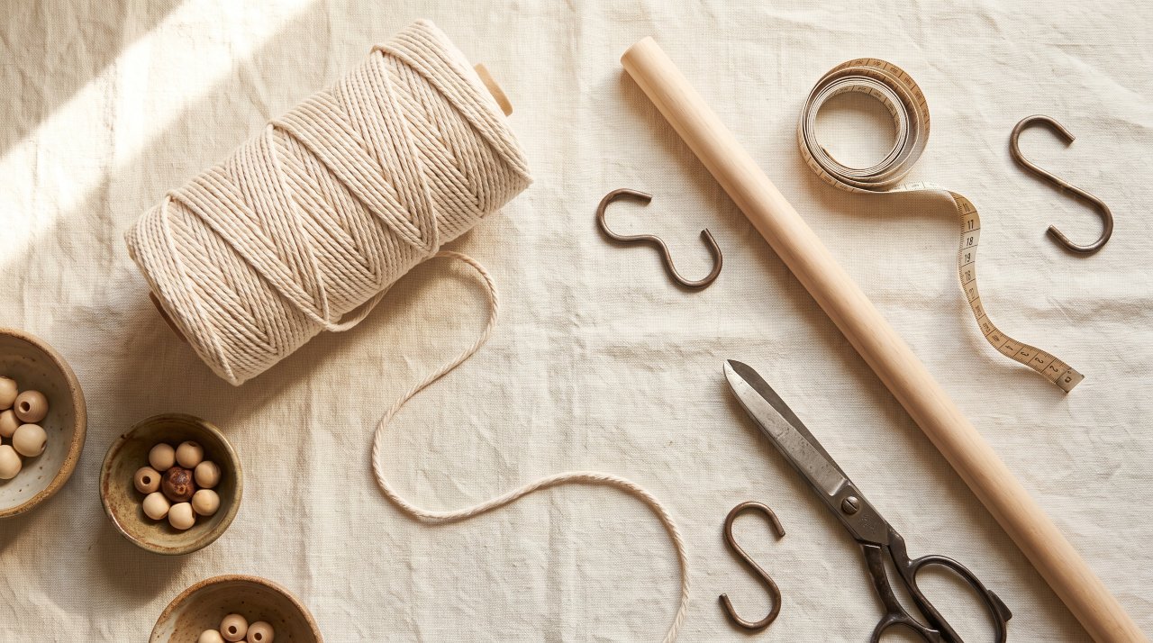 Beginner macrame supplies flat lay including 4mm cotton cord wooden dowel scissors and measuring tape