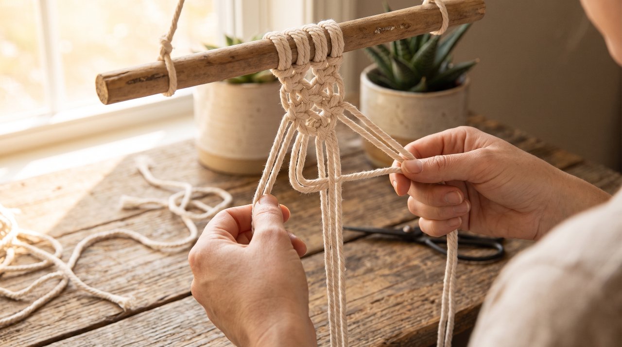 Crafter hands tying a square knot with 4mm natural cotton cord on wooden dowel for macrame beginners