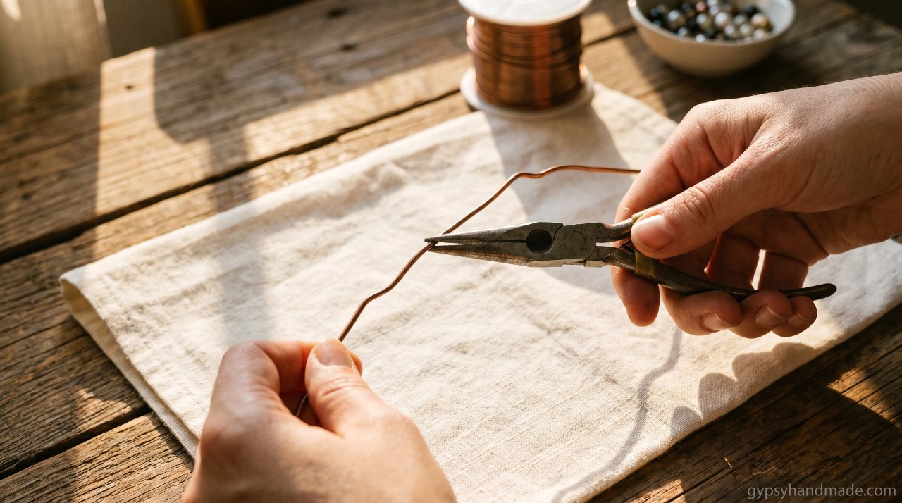 Hands straightening copper wire before starting a beginner wire wrap.