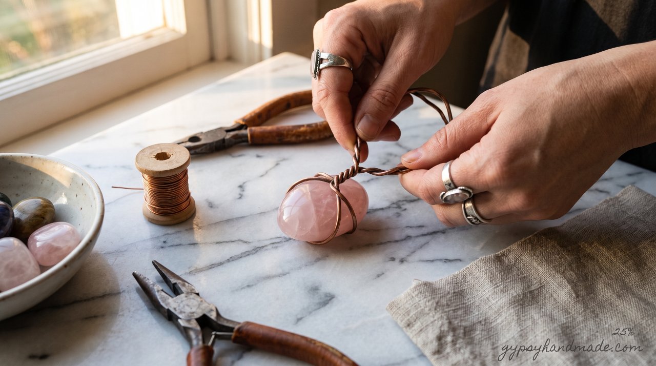 Wire caging technique securing a tumbled stone for a beginner pendant.