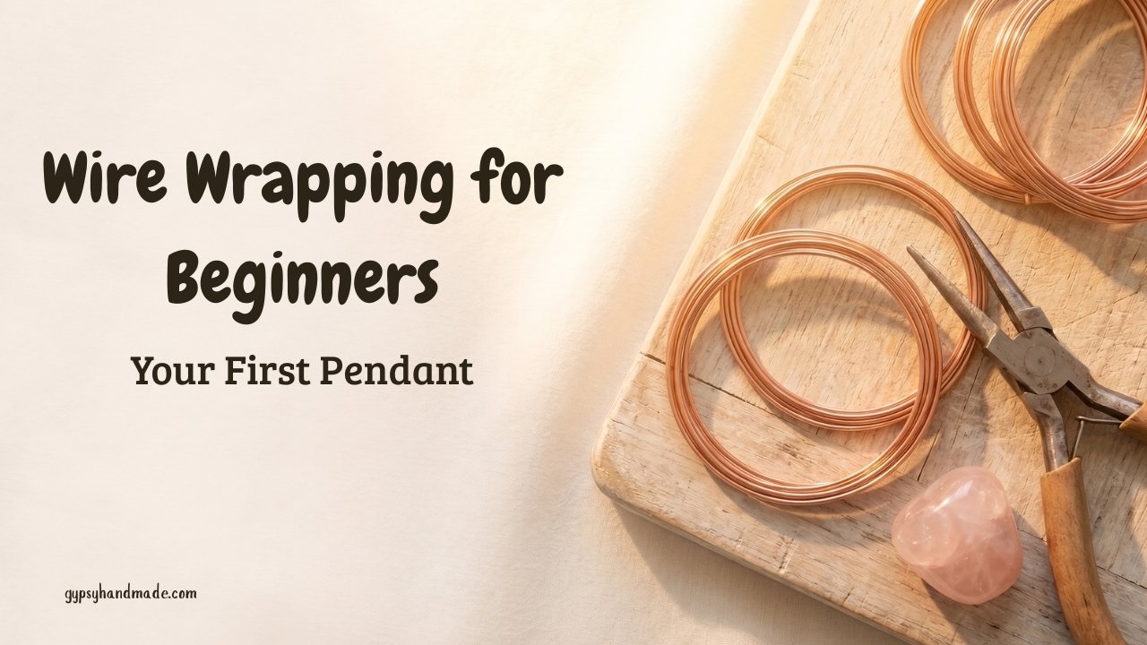 Wire wrapping for beginners flat lay with copper wire, pliers, and a tumbled stone.