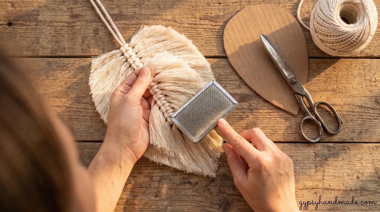 Overhead shot of crafter using wire slicker brush to comb fringe on macrame leaves next to scissors.
