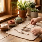 Crafter's hands arranging macramé DIY projects including a keychain, feather, and wall hanging on a wooden table