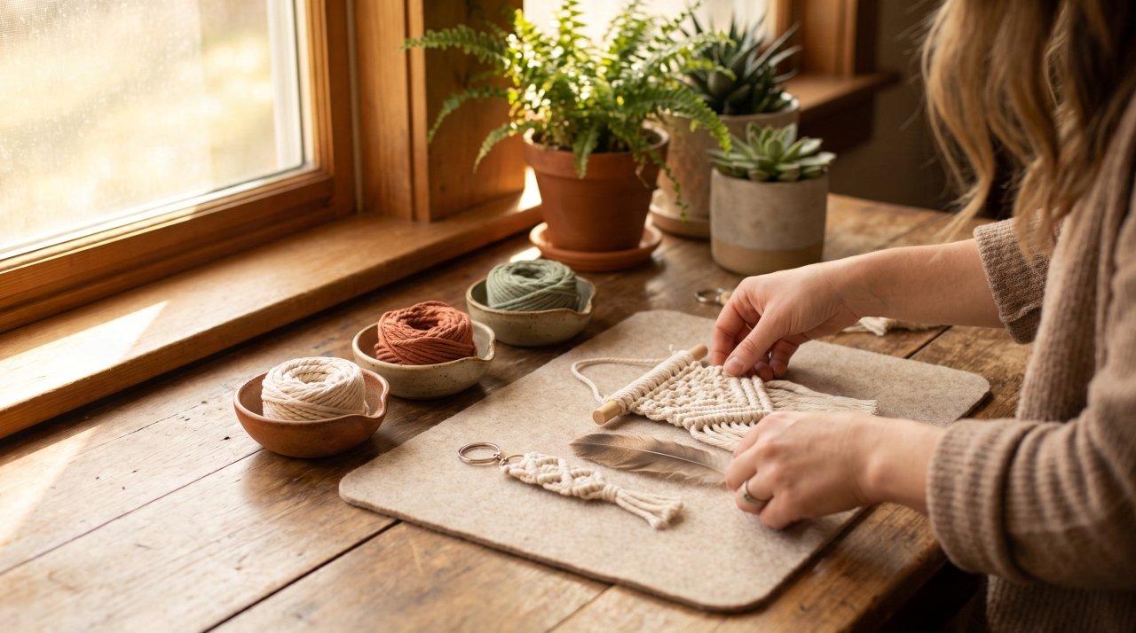 Crafter's hands arranging macramé DIY projects including a keychain, feather, and wall hanging on a wooden table