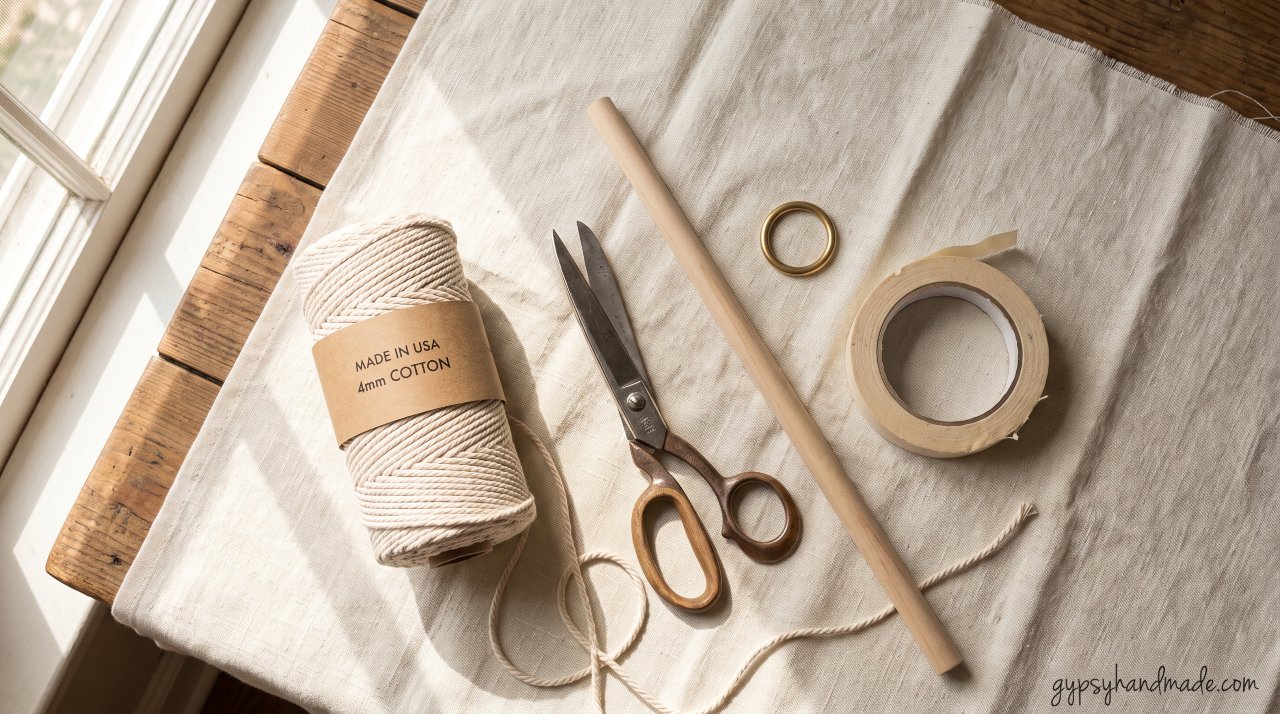 Beginner macramé DIY supplies including cotton cord, scissors, wooden dowel and metal ring on a cream linen surface.
