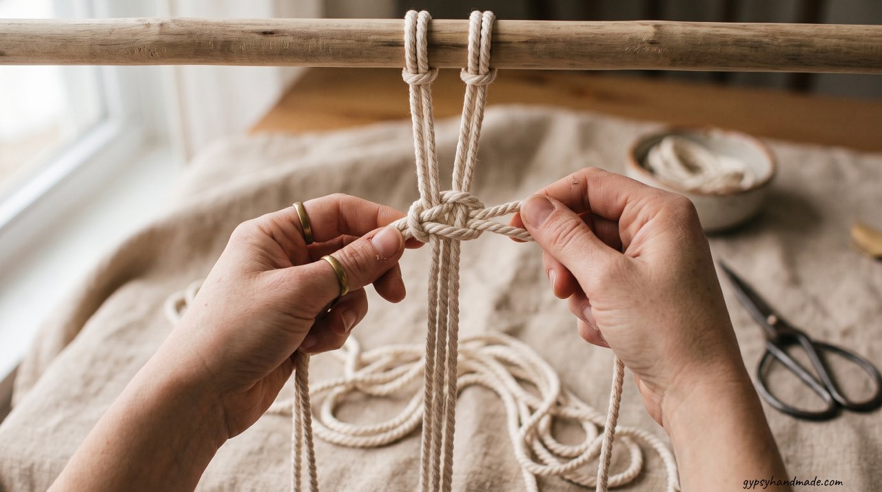 Crafter's hands tying a square knot on cream cotton cord mounted on a wooden dowel for a macramé DIY project.