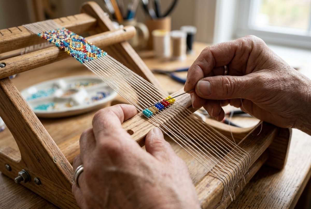 Artisan hands passing a beading needle with seed beads underneath tight loom warp threads