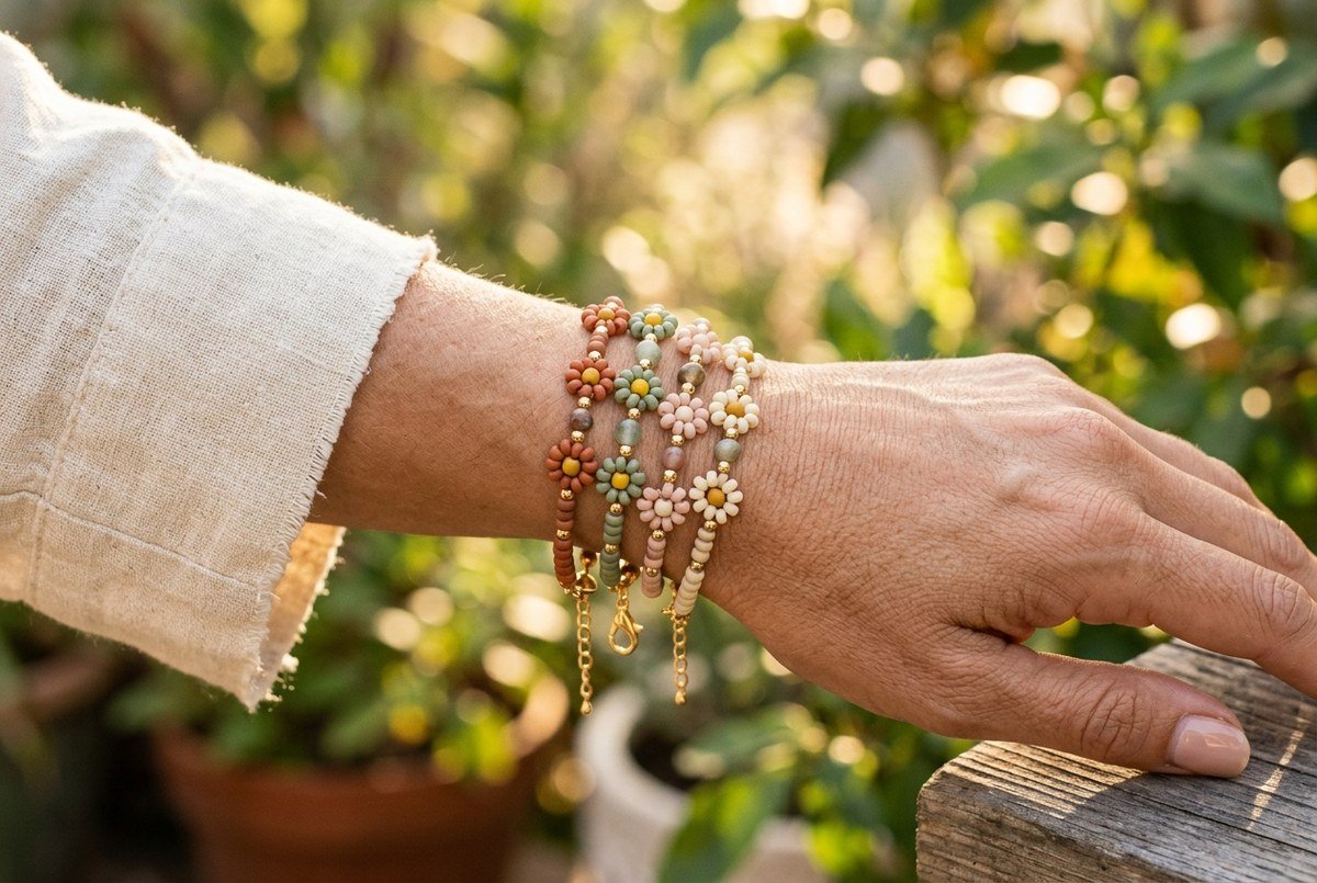 Aesthetic stack of 4 handmade beaded flower bracelets on a bohemian linen wrist