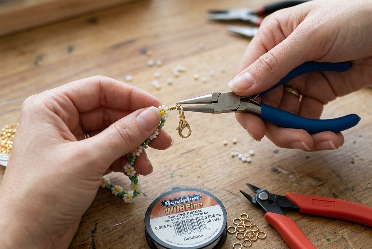 Artisan hands using jewelry pliers to crimp a gold wire guardian and attach lobster clasp to beaded bracelet