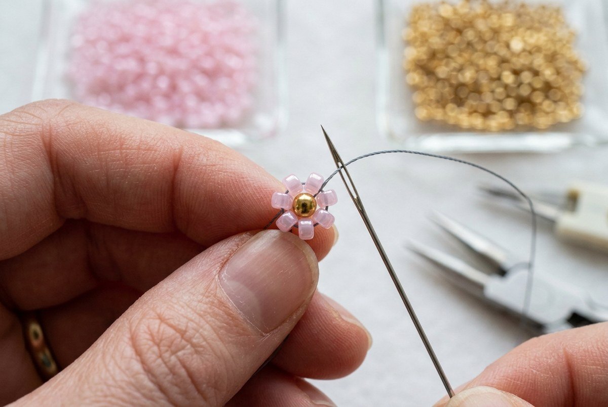 Artisan fingers holding a fine beading needle threading pink seed beads and center gold bead for daisy chain bracelet