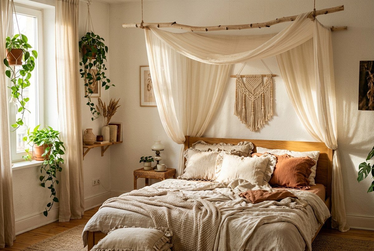 Airy sheer gauze bed canopy suspended from birch branch above bohemian bed