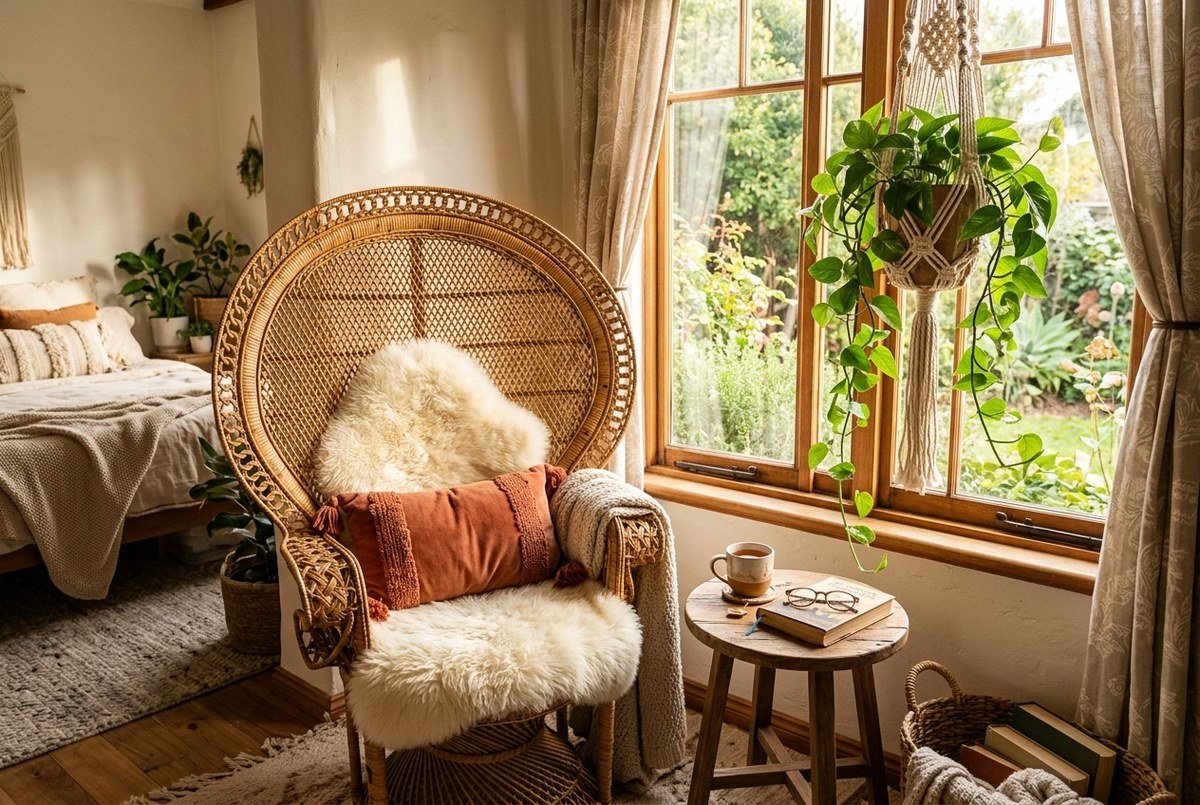 Vintage peacock rattan armchair draped with sheepskin throw and macrame plant hanger in sunny bedroom corner