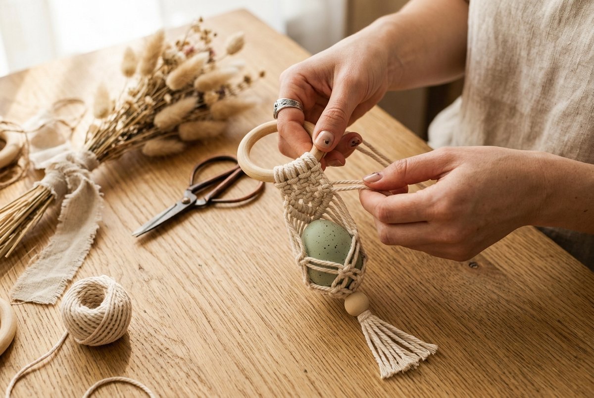 Handcrafted boho macrame egg holder holding a speckled green wooden egg with dried bunny tails