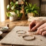Crafter's hands arranging three beaded friendship bracelets in different styles on a felt mat with sorted seed beads in ceramic bowls.