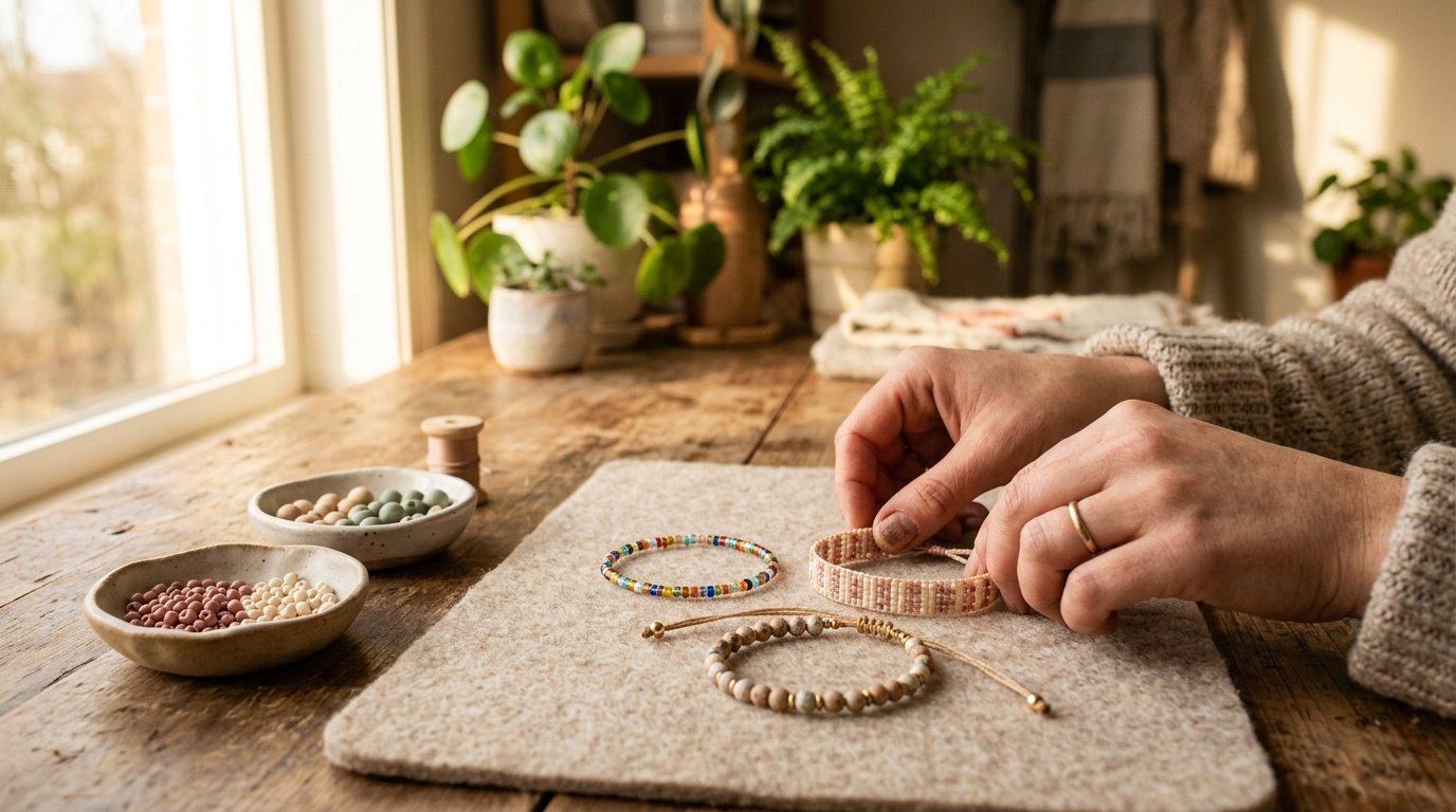 Crafter's hands arranging three beaded friendship bracelets in different styles on a felt mat with sorted seed beads in ceramic bowls.
