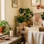 Hands hanging a macrame wall hanging above a wooden cot in a warm boho nursery decor setting