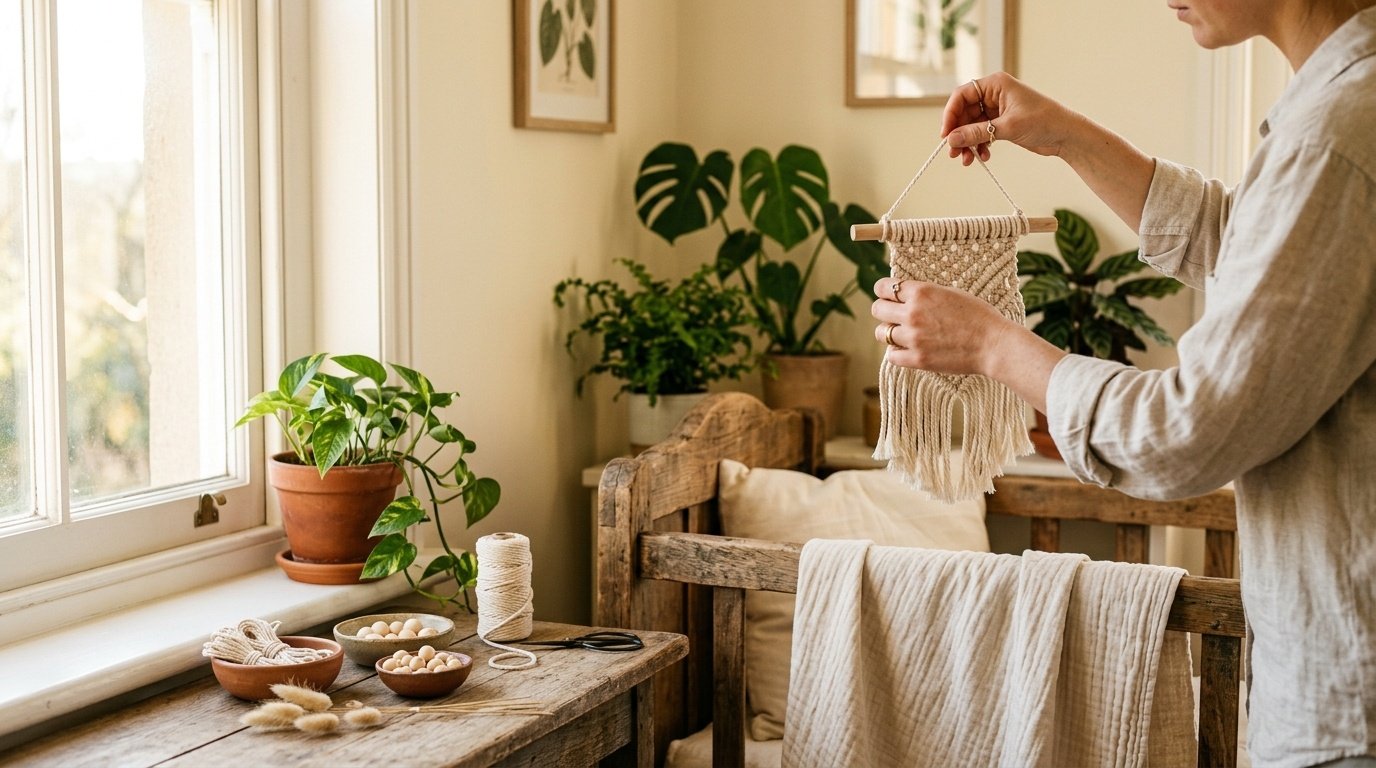 Hands hanging a macrame wall hanging above a wooden cot in a warm boho nursery decor setting