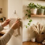 Hands mounting a macrame wall hanging in a small apartment with terracotta pots and woven basket decor