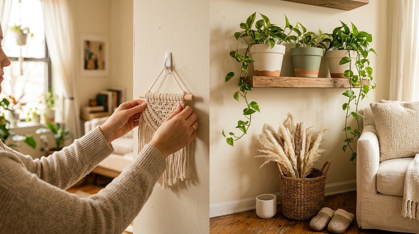 Hands mounting a macrame wall hanging in a small apartment with terracotta pots and woven basket decor