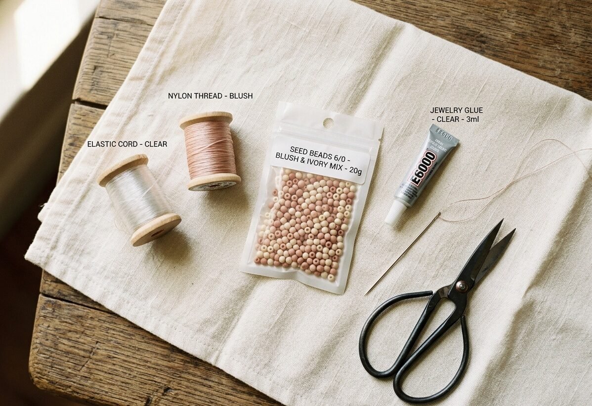 Beaded friendship bracelet supplies including elastic cord, nylon thread, seed beads, jewelry glue and scissors on a cream linen surface.
