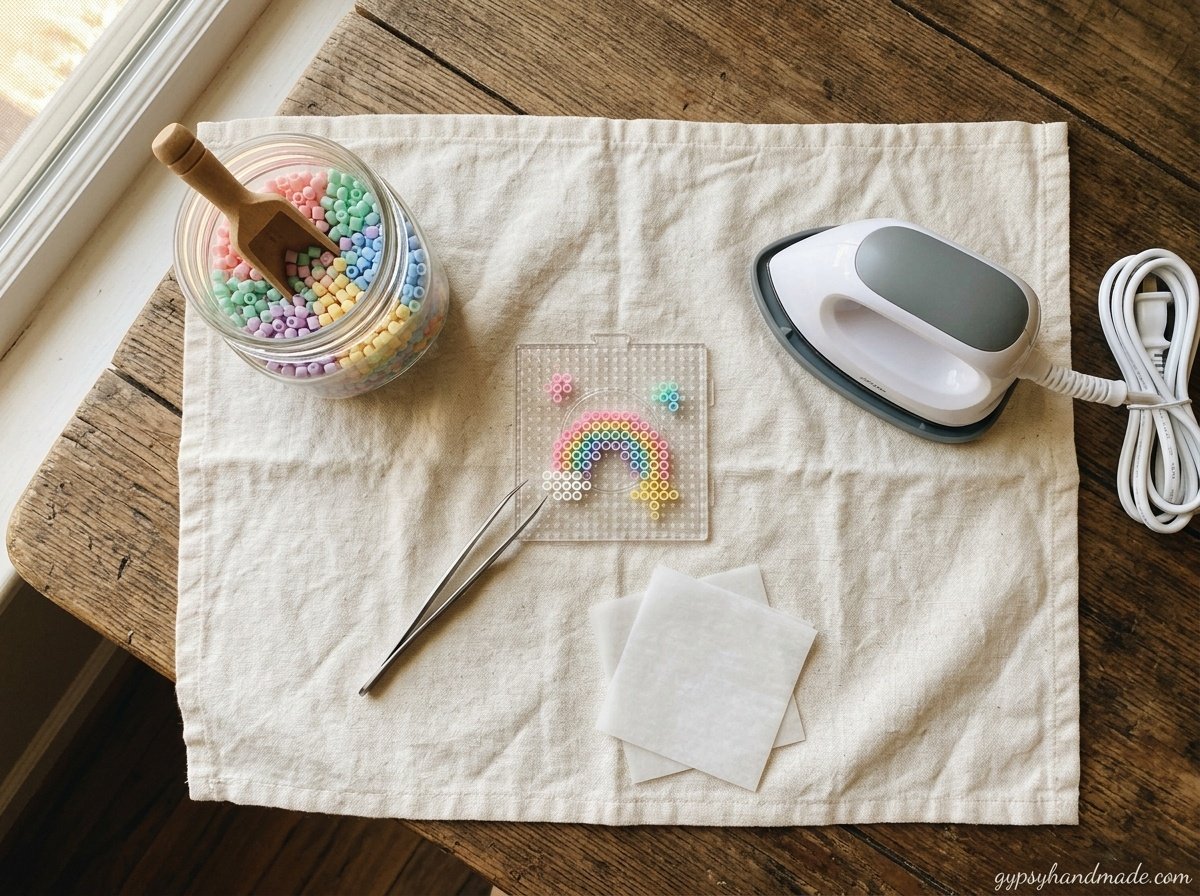 Mini perler bead supplies including 2.6mm beads, mini pegboard, fine tweezers, parchment paper and iron on cream linen