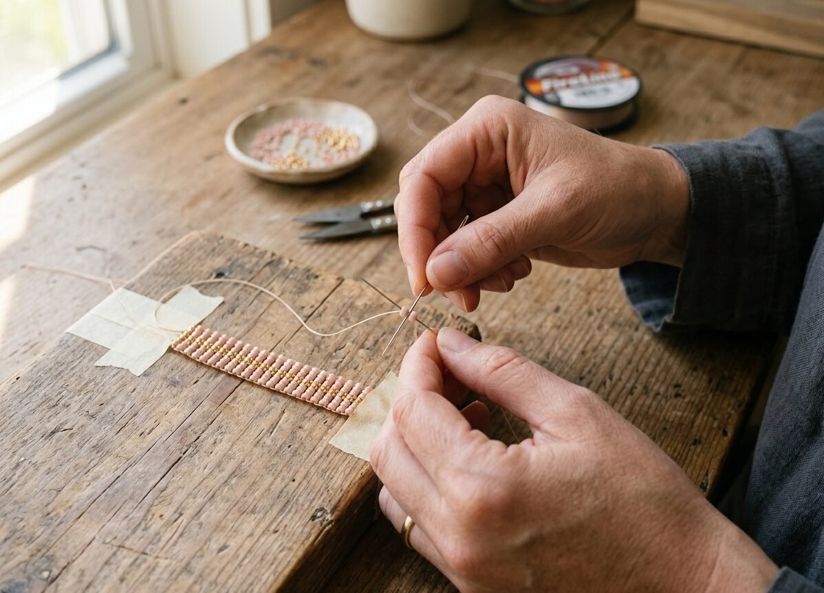 Hands performing the ladder stitch technique with two beading needles and blush seed beads for a friendship bracelet.